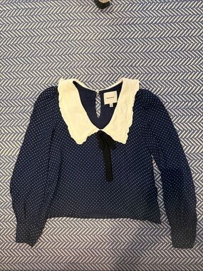Reformation Navy Polka Dot Blouse with Cream Scalloped Collar